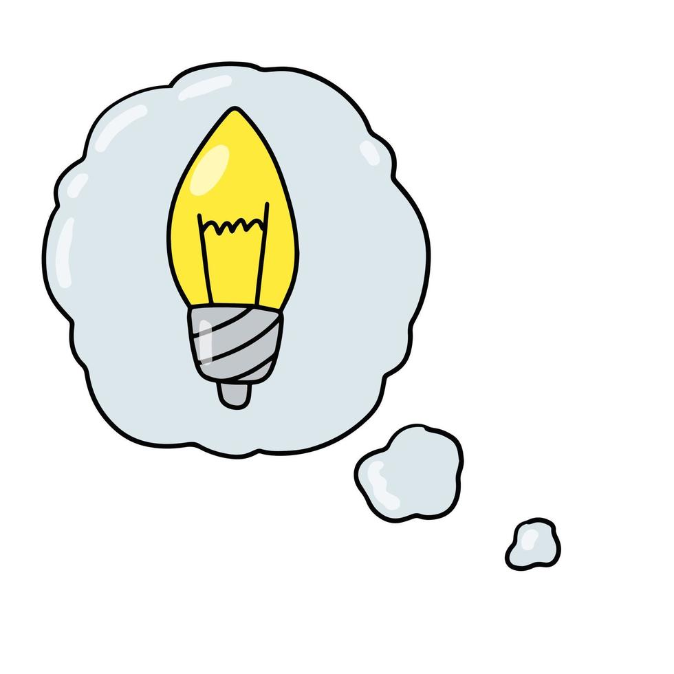 Light bulb. Bubble cloud with thoughts and idea. Mind and electric lamp. Hand drawn doodle illustration vector