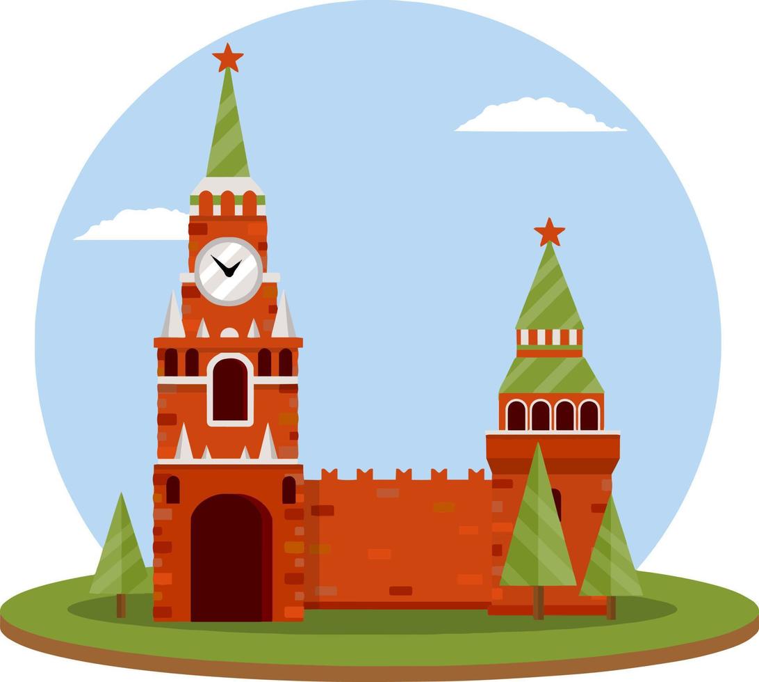 Residence of the Russian President on red square. Moscow's kremlin. Tourist destination for tour to capital. Fortress with a tower and wall. A tourist attraction. Cartoon flat illustration vector