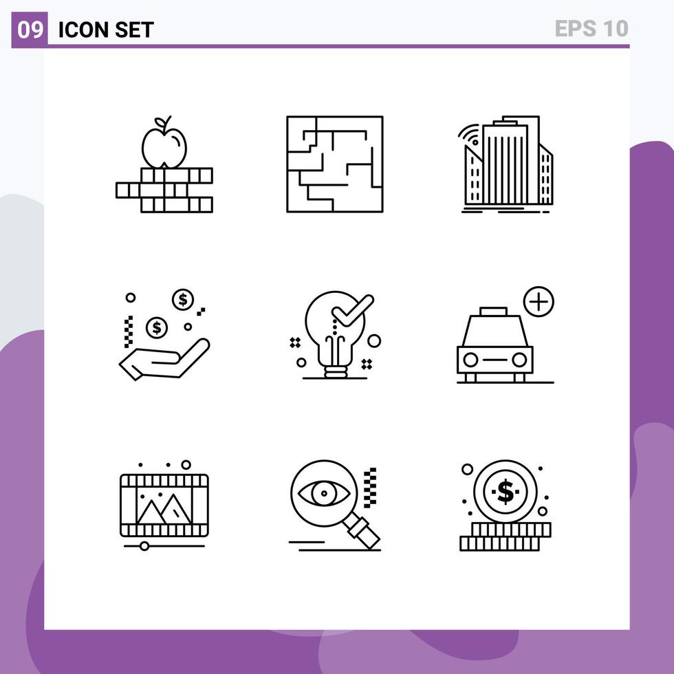 Pictogram Set of 9 Simple Outlines of light bulb sensor sign dollar Editable Vector Design Elements