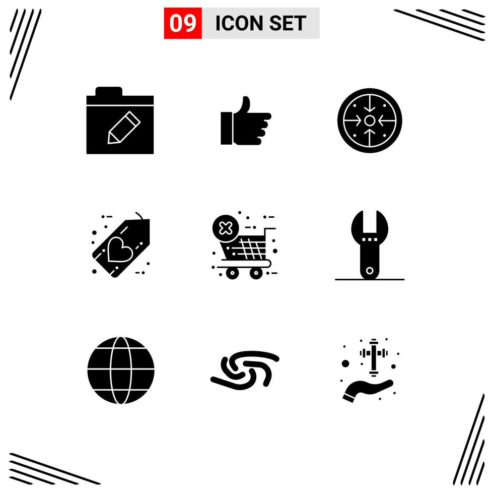 9 User Interface Solid Glyph Pack of modern Signs and Symbols of checkout heart goals friday black Editable Vector Design Elements