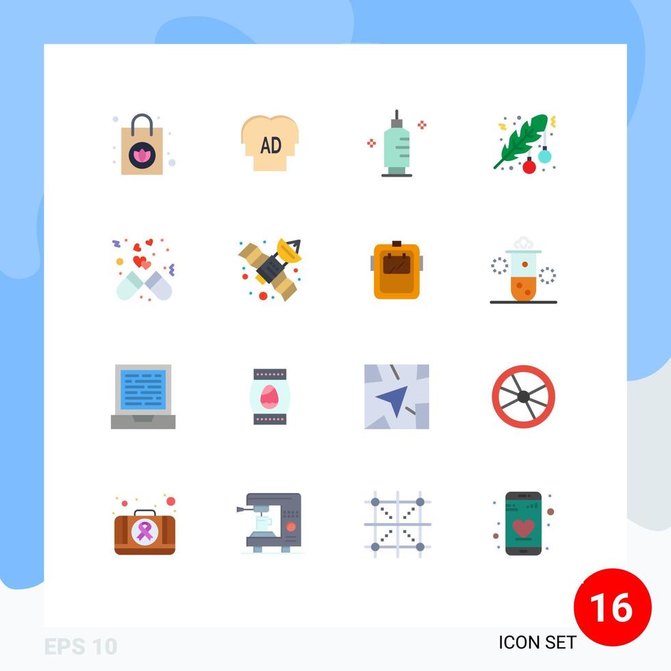 paquete de 16 signos y símbolos de colores planos modernos para medios de impresión web, como dosis hoja medicina punto navidad paquete editable de elementos creativos de diseño de vectores