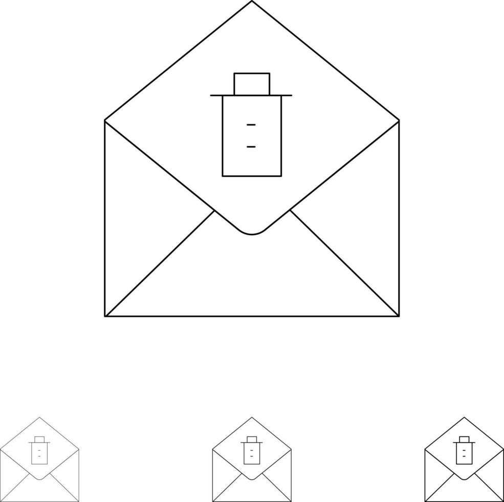 mensaje de correo eliminar conjunto de iconos de línea negra en negrita y delgada vector