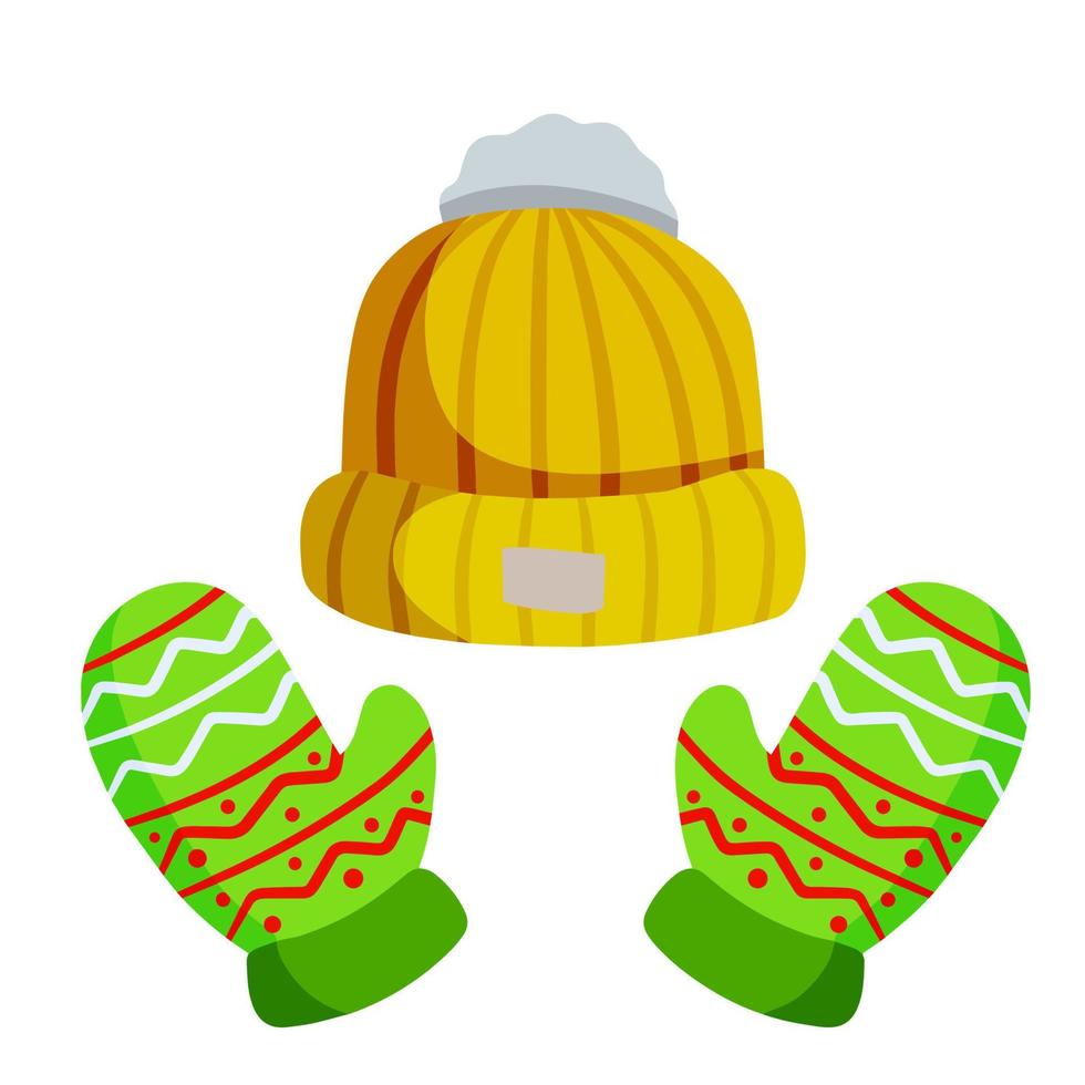 Knitted hat and mitten. Yellow and green winter children clothing. Set of warm objects. Flat cartoon illustration vector
