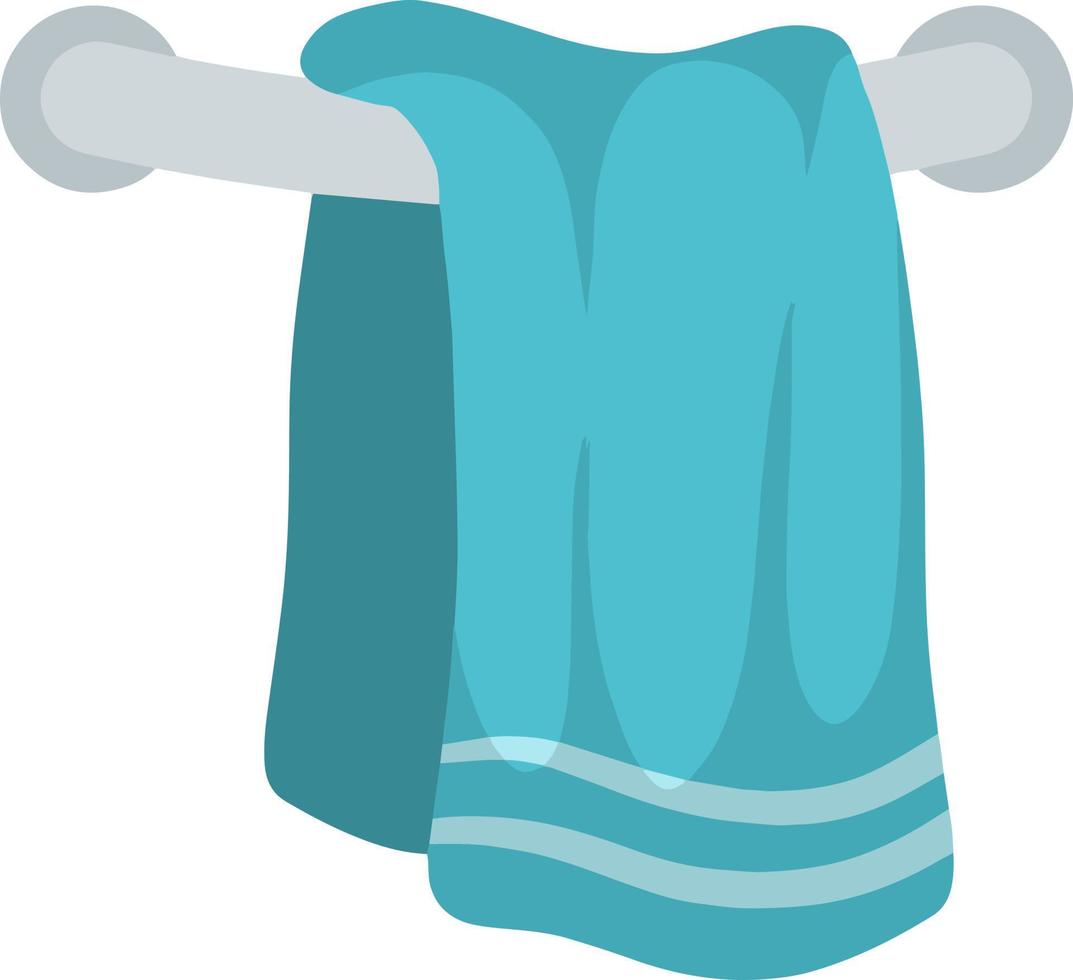 Blue towel on holder. Object on wall. Cartoon flat illustration. Element of bath, shower and kitchen. dry off with towel vector