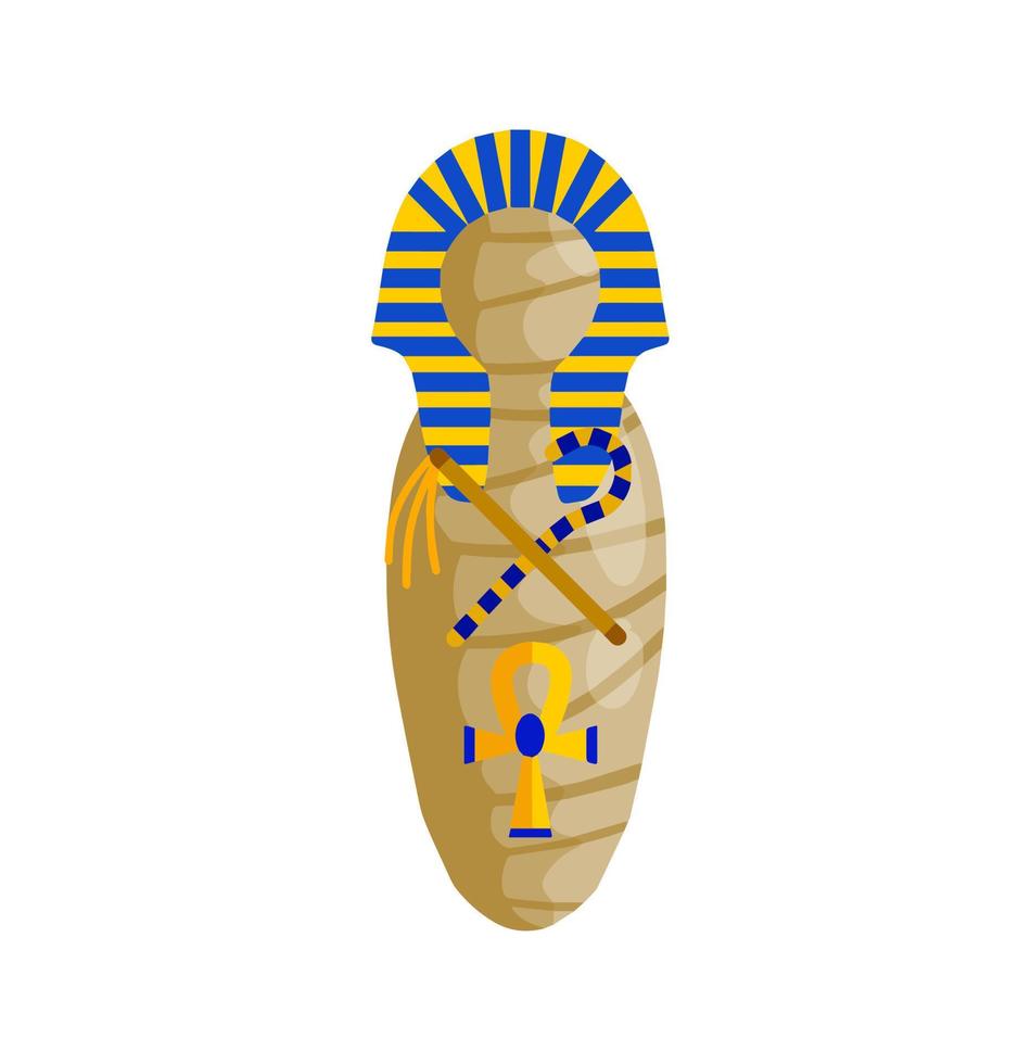 Mummy in a coffin. Sarcophagus with body. Ancient ruler Pharaoh of Egypt. Archaeology and the corpse. Halloween monster. Flat cartoon illustration vector