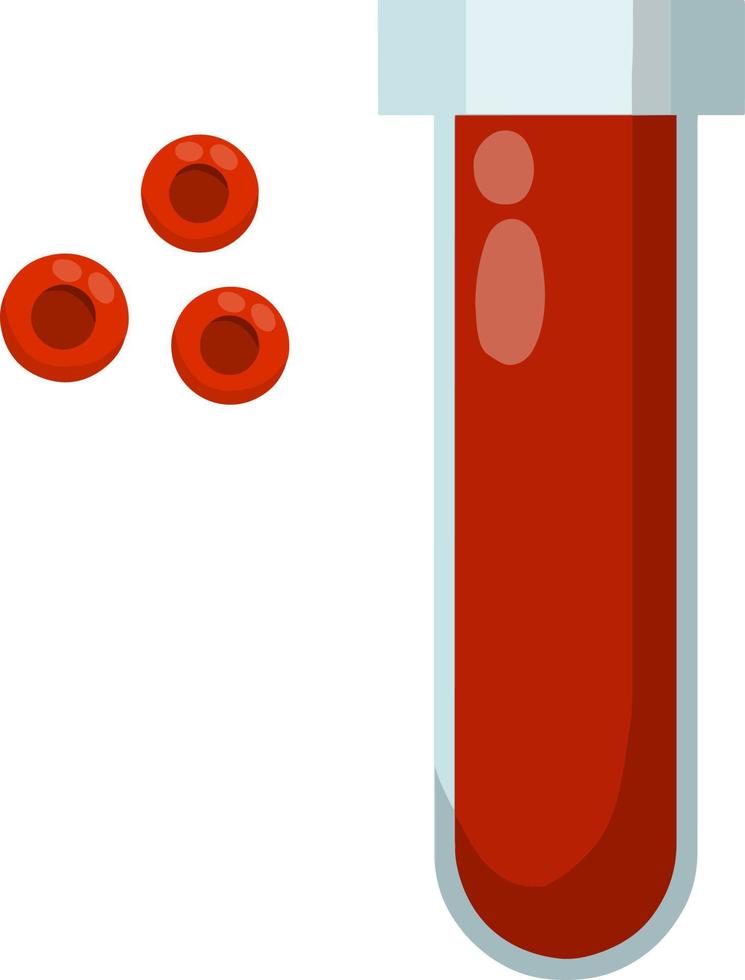 Flask with blood. Medical test. Microorganisms under microscope. Enlarged view. Red blood cells and biology. Treating illness. Glass bottle for analysis and expertise. Flat illustration vector