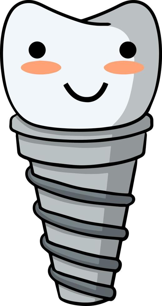Tooth pin with happy face. Smiling cute character. Dentist element. Dental care and implant. Medical white part with thread for mouth. vector