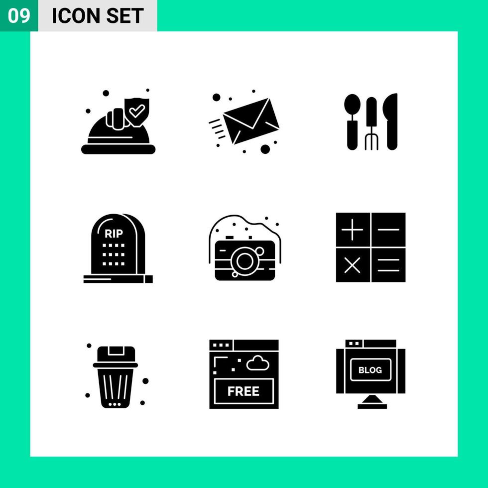 Pack of 9 Solid Style Icon Set. Glyph Symbols for print. Creative Signs Isolated on White Background. 9 Icon Set. vector