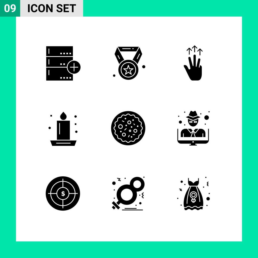 Set of 9 Vector Solid Glyphs on Grid for light candlelight education candle three finger Editable Vector Design Elements