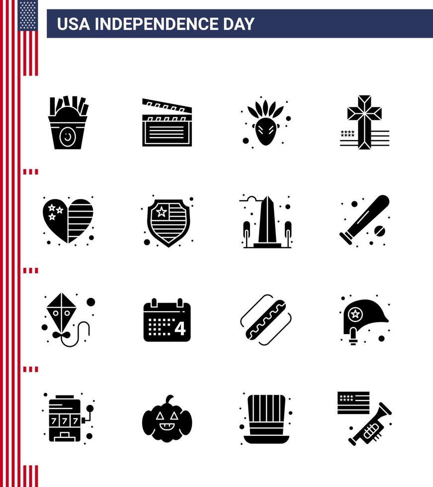 Happy Independence Day 4th July Set of 16 Solid Glyphs American Pictograph of usa country american heart cross Editable USA Day Vector Design Elements