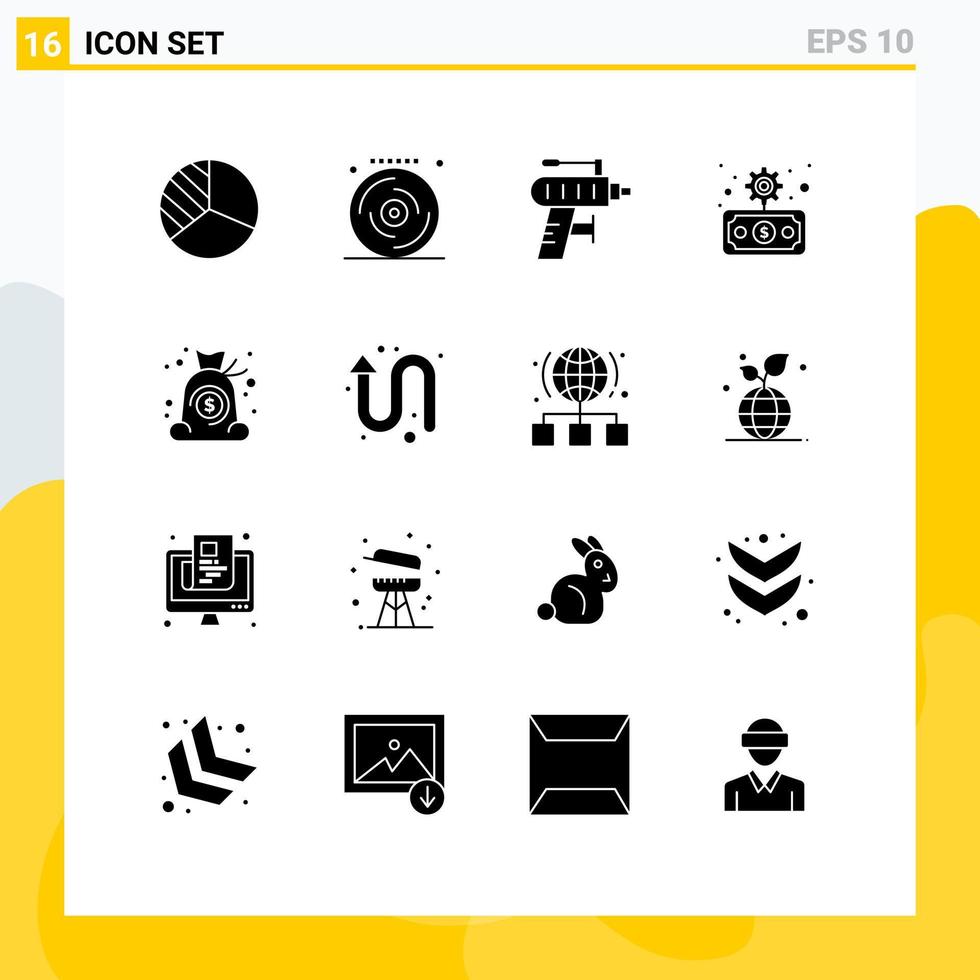 Modern Set of 16 Solid Glyphs Pictograph of money bag perforator transfer economy Editable Vector Design Elements