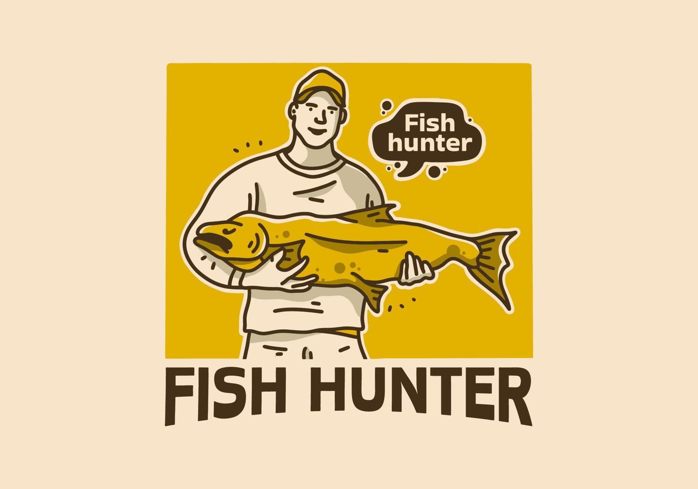 Vintage art illustration of a man holding a big fish vector