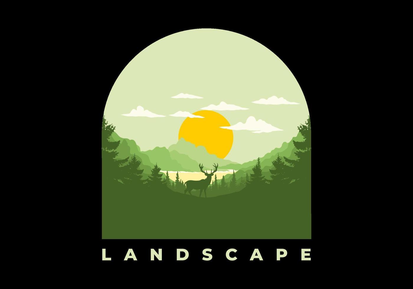 ilustración de arte paisajístico de lagos y bosques de pinos vector