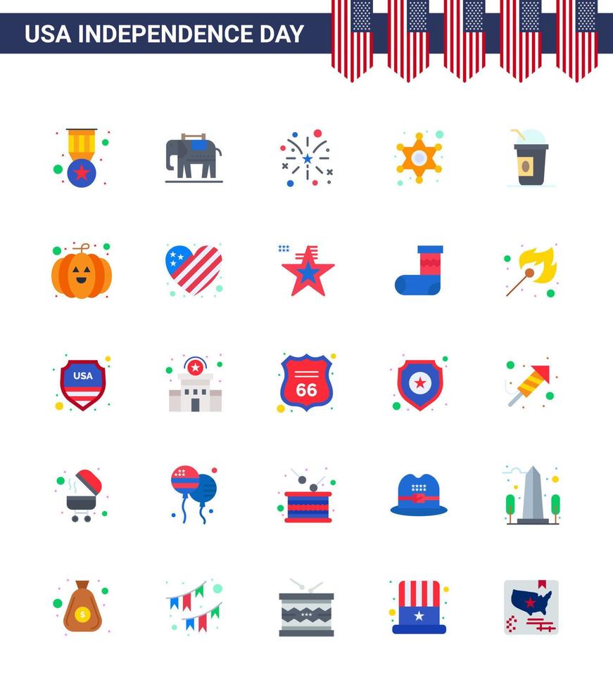 Happy Independence Day 4th July Set of 25 Flats American Pictograph of limonade america fire police sign police Editable USA Day Vector Design Elements
