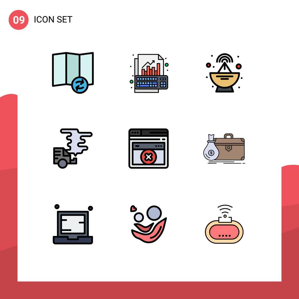 9 User Interface Filledline Flat Color Pack of modern Signs and Symbols of web pollution antenna gas car Editable Vector Design Elements