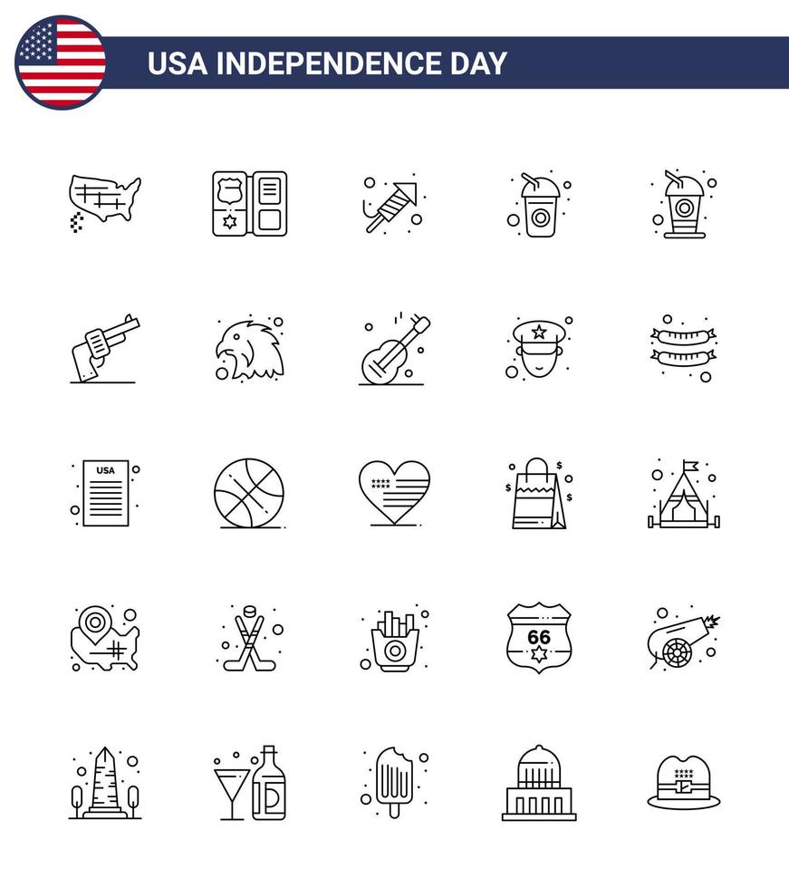 conjunto moderno de 25 líneas y símbolos en el día de la independencia de EE. UU., como soda de mano, trabajo de fuego, botella de bebida, elementos de diseño vectorial editables del día de EE. UU. vector