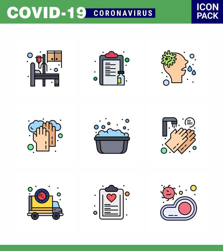 9 Filled Line Flat Color Set of corona virus epidemic icons such as basin medical paper hands virus viral coronavirus 2019nov disease Vector Design Elements