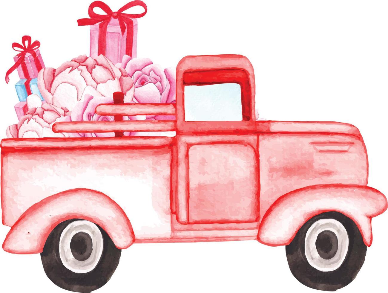 Happy Valentine Day Watercolor Vector Illustration Watercolor car vector clipart Valentine Car Vector, Valentine Truck Vector