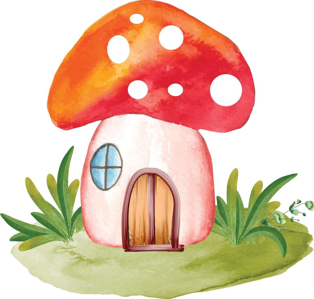 Watercolor magical gnome house illustration, fantasy fairy garden house with wooden door and green leaves for cartoon illustration, cards, invitations, t-shirts vector