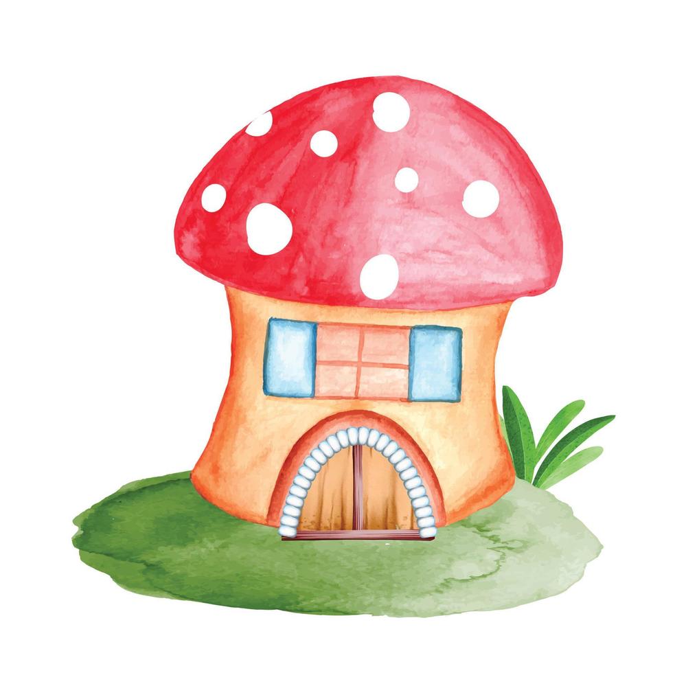 Watercolor magical gnome house illustration, fantasy fairy garden house with wooden door and green leaves for cartoon illustration, cards, invitations, t-shirts vector