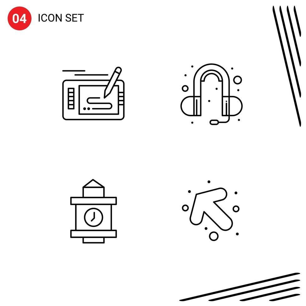 Modern Set of 4 Filledline Flat Colors Pictograph of design time drawing head phone arrow Editable Vector Design Elements