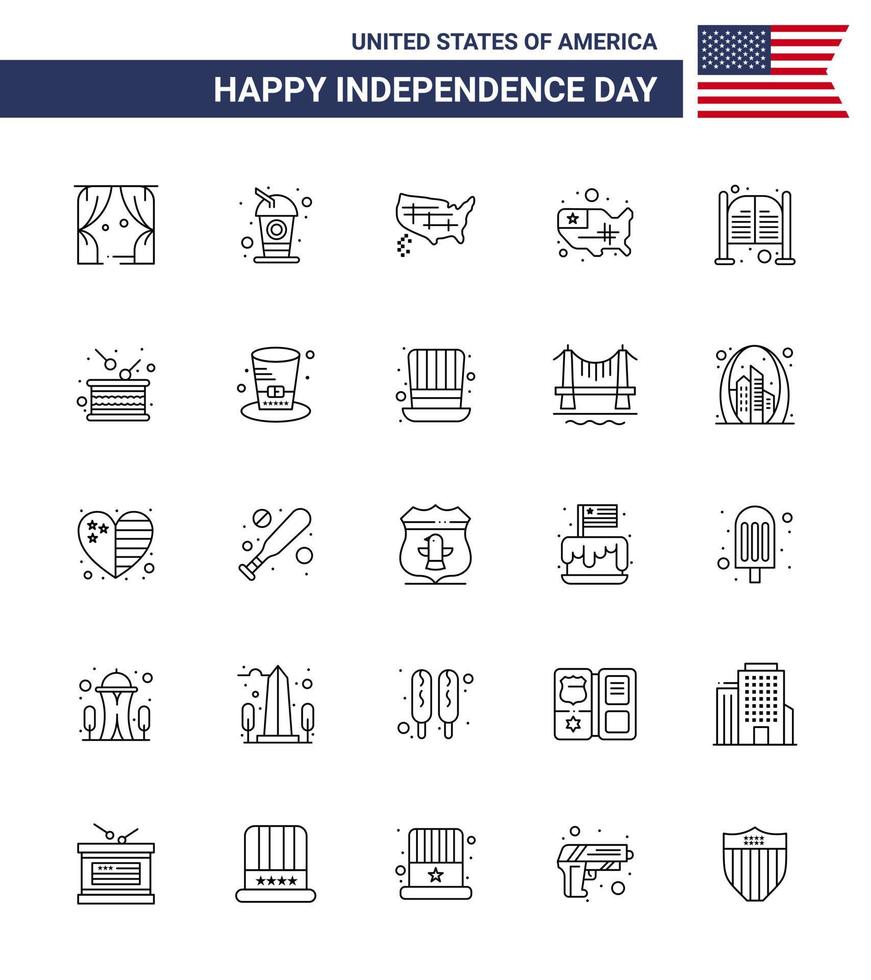 conjunto moderno de 25 líneas y símbolos en el día de la independencia de EE. UU., como el mapa del día, barra de salón, elementos editables de diseño de vectores del día de EE. UU.