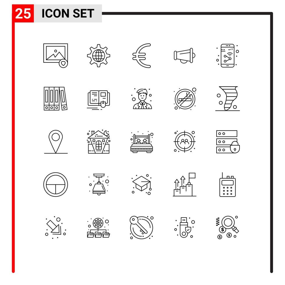 Universal Icon Symbols Group of 25 Modern Lines of mobile app currency speaker announce Editable Vector Design Elements