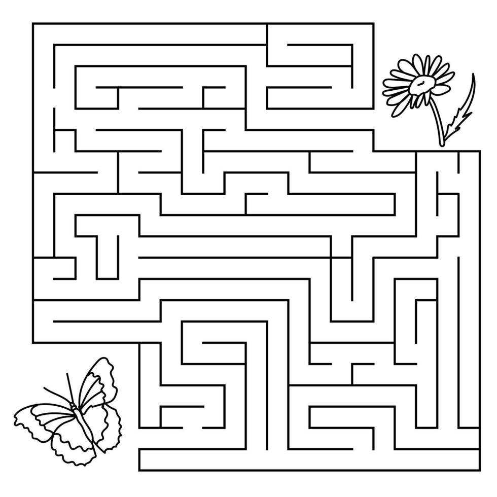maze game with animals and plants, coloring page for children, help the butterfly fly to the flower vector
