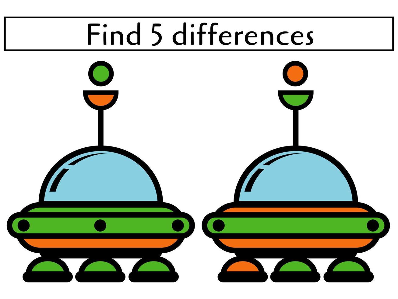 Find 5 differences game page wit UFO ship, educational for kids vector