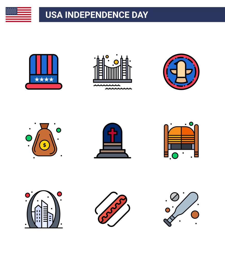 Happy Independence Day 9 Flat Filled Lines Icon Pack for Web and Print cash money tourism dollar celebration Editable USA Day Vector Design Elements