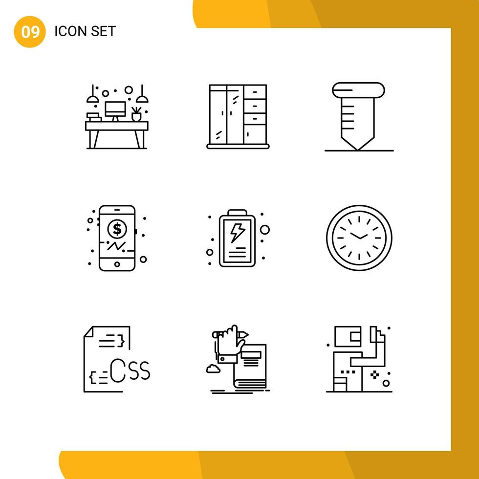 Pack of 9 creative Outlines of clock interface repair battery investment Editable Vector Design Elements