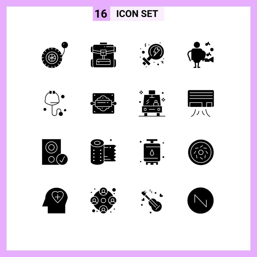 16 Thematic Vector Solid Glyphs and Editable Symbols of baking stethoscope power medical singer Editable Vector Design Elements