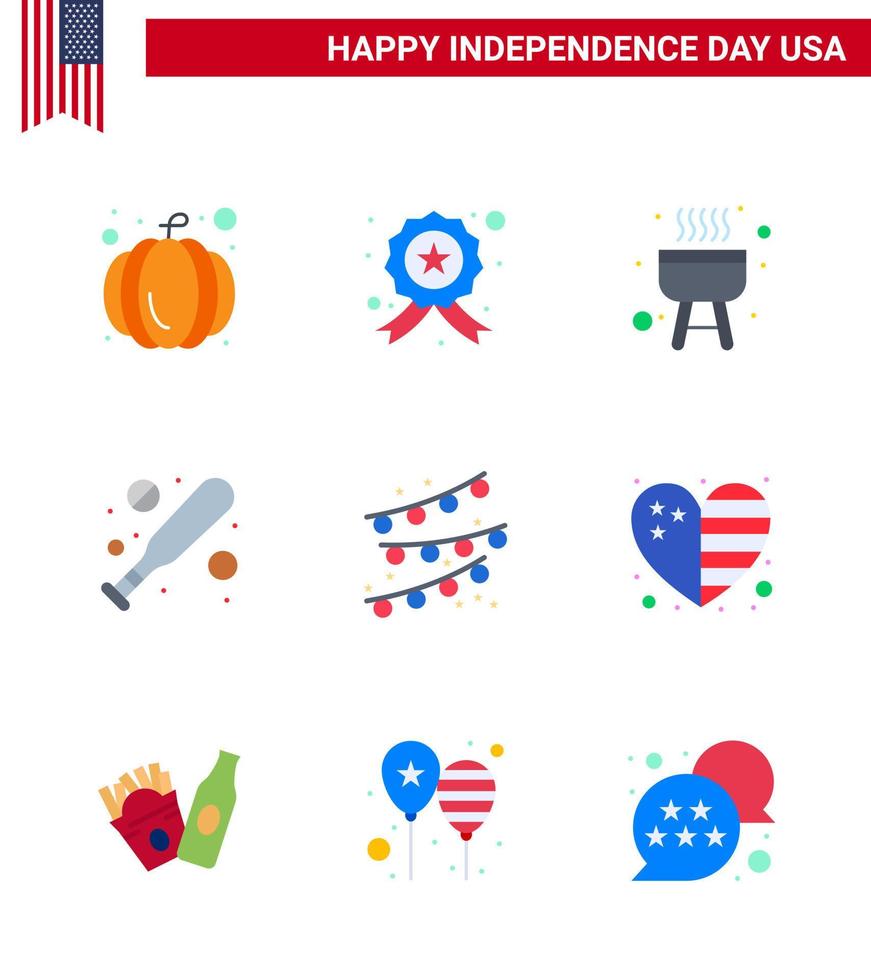 Happy Independence Day 4th July Set of 9 Flats American Pictograph of country party bulb bbq party decoration hardball Editable USA Day Vector Design Elements
