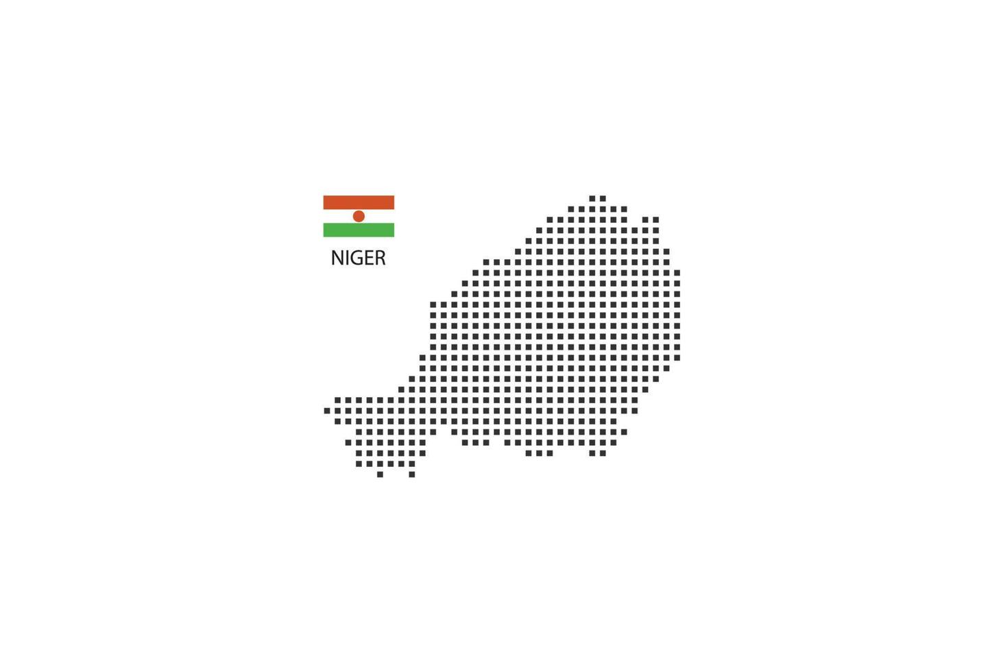 Vector square pixel dotted map of Niger isolated on white background with Niger flag.