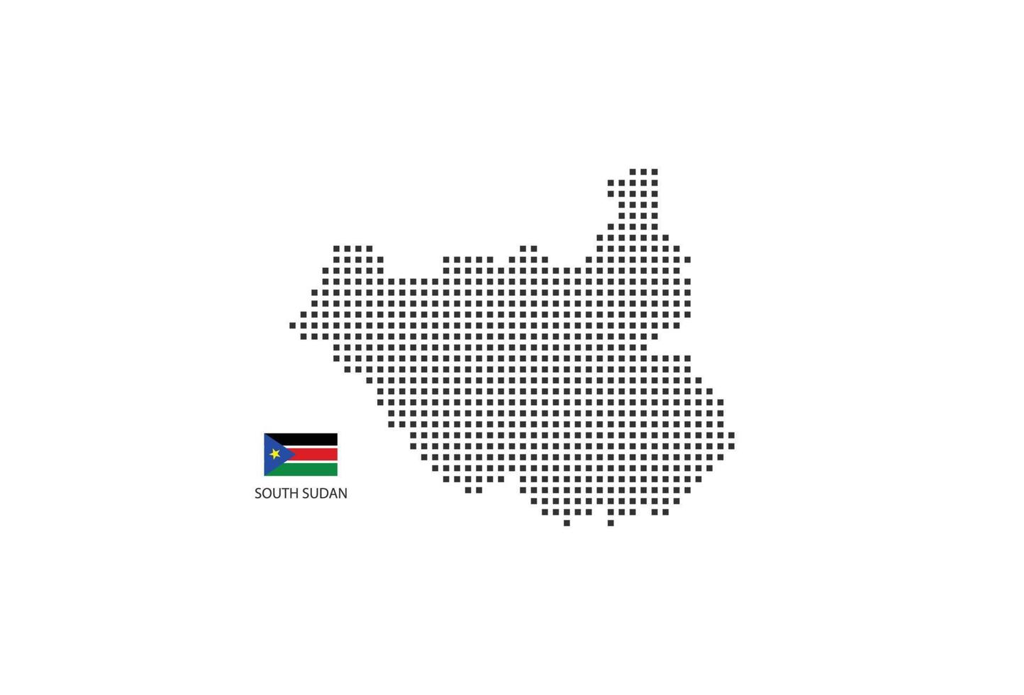 Mapa punteado de píxeles cuadrados vectoriales de Sudán del Sur aislado en fondo blanco con bandera de Sudán del Sur. vector