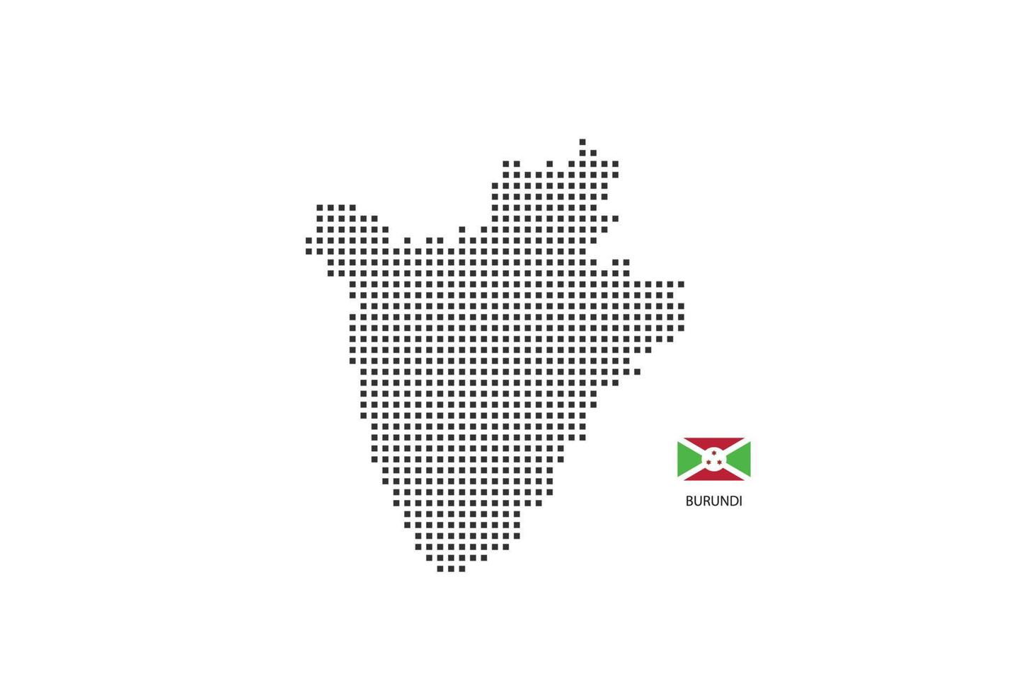 Mapa punteado de píxeles cuadrados vectoriales de Burundi aislado sobre fondo blanco con bandera de Burundi. vector