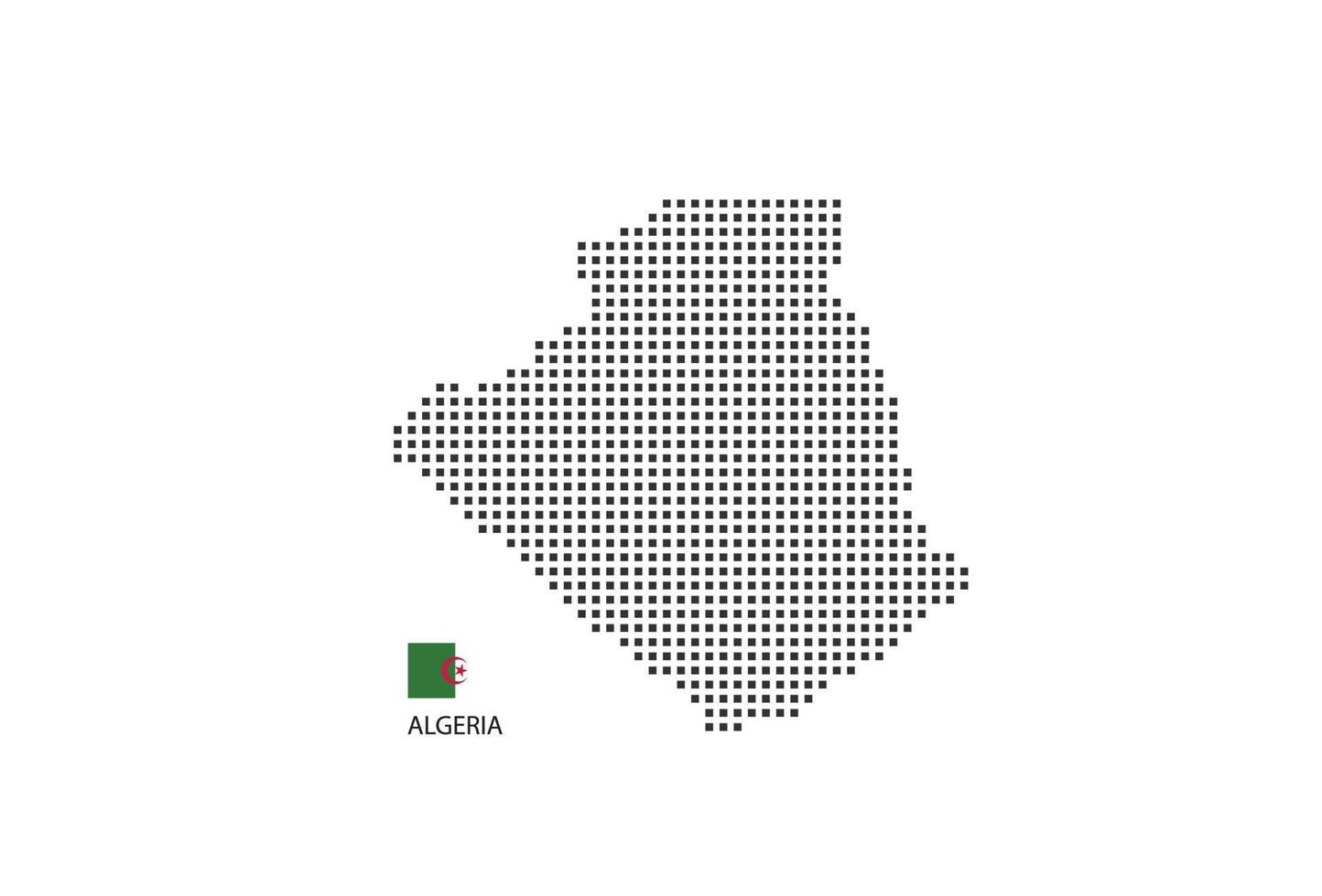 Vector square pixel dotted map of Algeria isolated on white background with Algeria flag.