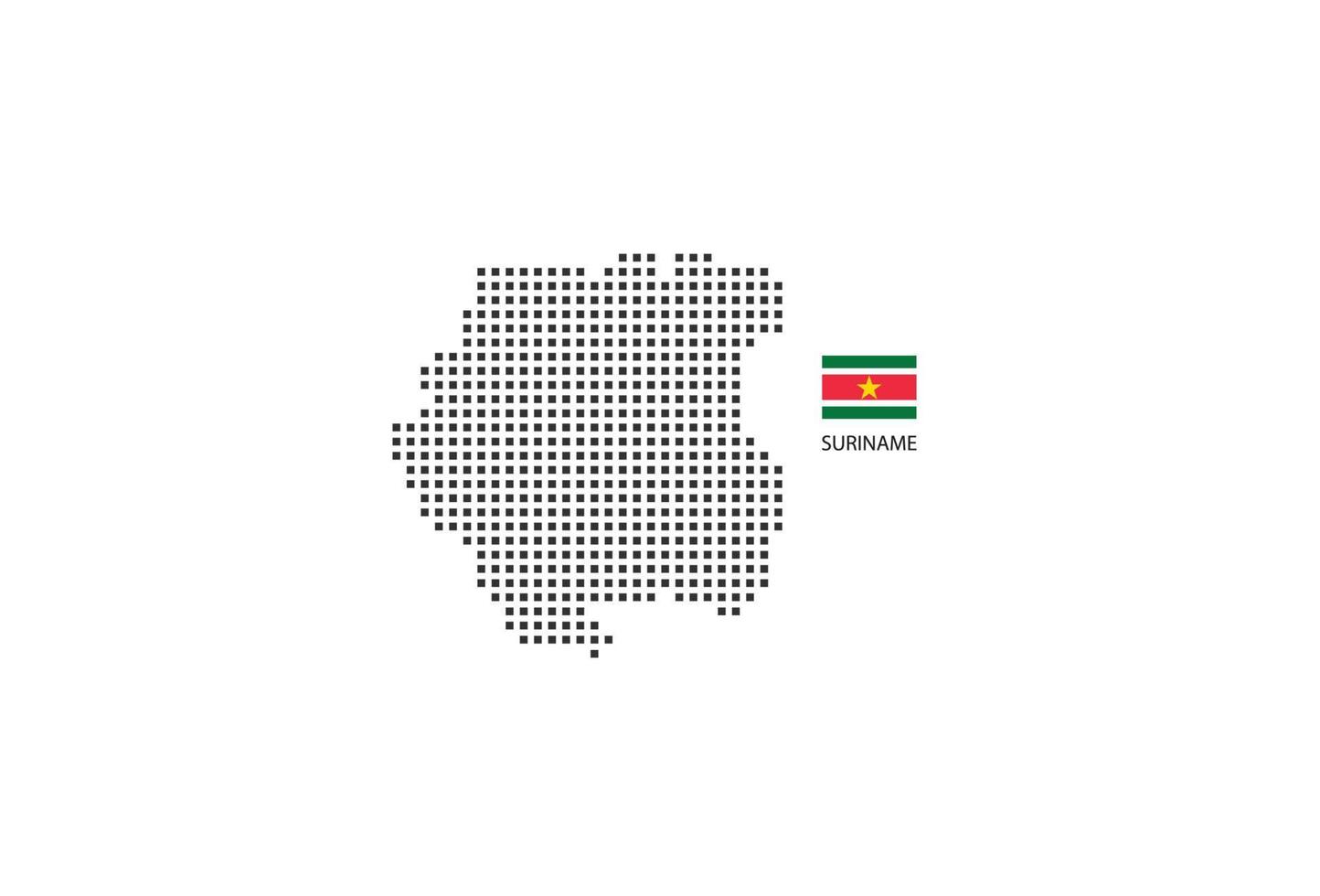 Mapa punteado de píxeles cuadrados vectoriales de Surinam aislado sobre fondo blanco con bandera de Surinam. vector