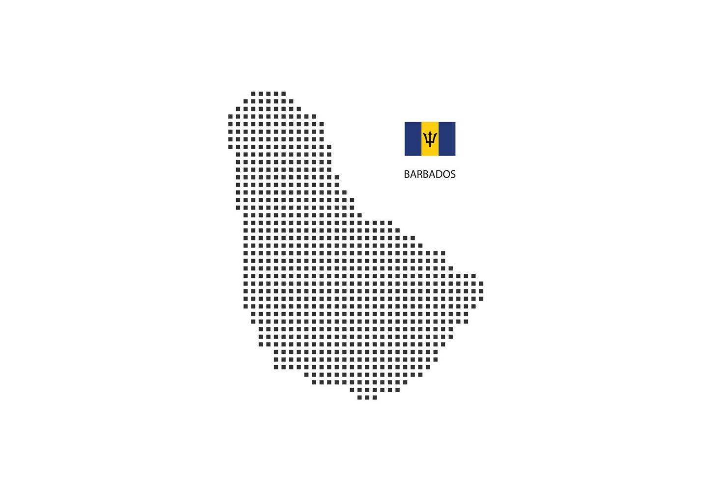 Vector square pixel dotted map of Barbados isolated on white background with Barbados flag.