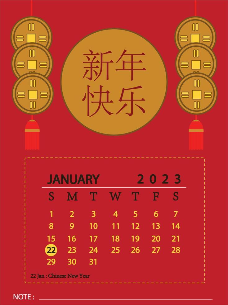 calendario de enero de 2023 año nuevo chino estacional con palabra de chino significa feliz año nuevo y monedas chinas. vector