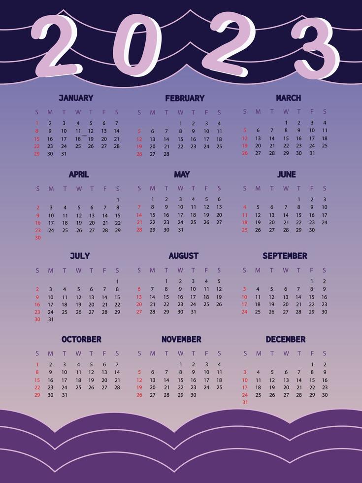 calendario 2023 con fondo de tono morado. este calendario de 12 meses en 2023. ilustración vectorial. vector