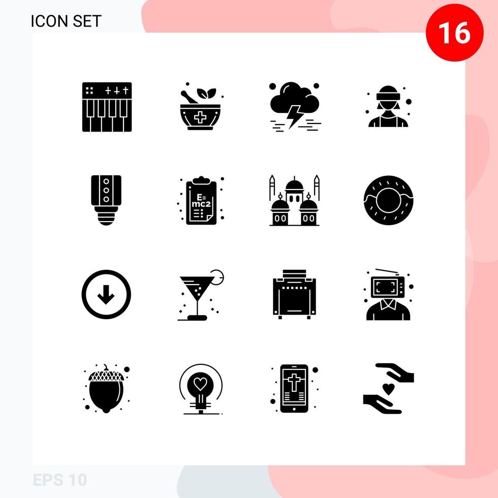 Group of 16 Modern Solid Glyphs Set for led vr glasses cloud virtual reality avatar Editable Vector Design Elements