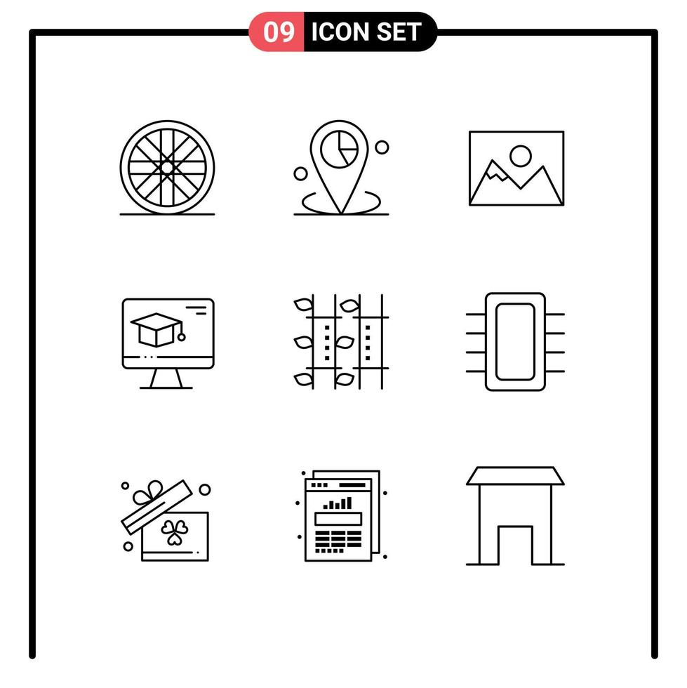 9 User Interface Outline Pack of modern Signs and Symbols of relax bamboo photo graduation cap Editable Vector Design Elements