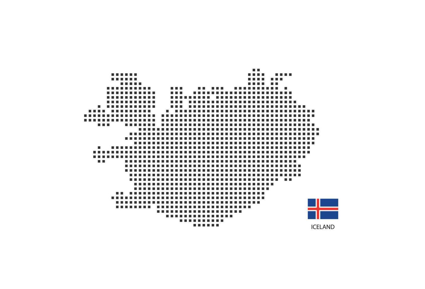 Mapa punteado de píxeles cuadrados vectoriales de Islandia aislado sobre fondo blanco con bandera de Islandia. vector