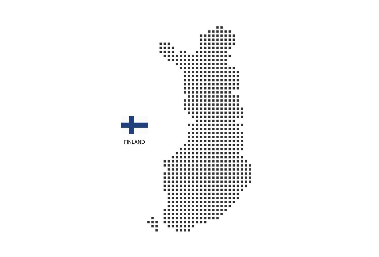 Vector square pixel dotted map of Finland isolated on white background with Finland flag.