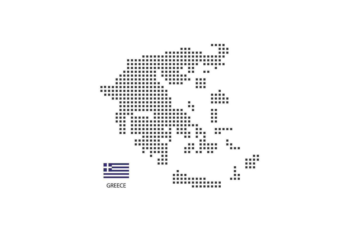 Mapa punteado de píxeles cuadrados vectoriales de Grecia aislado sobre fondo blanco con bandera de Grecia. vector