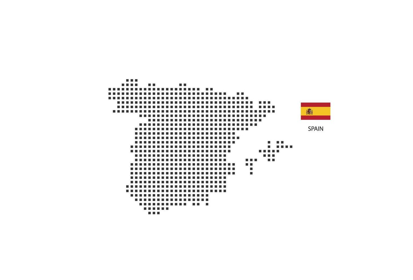 Mapa punteado de píxeles cuadrados vectoriales de España aislado sobre fondo blanco con la bandera de España. vector