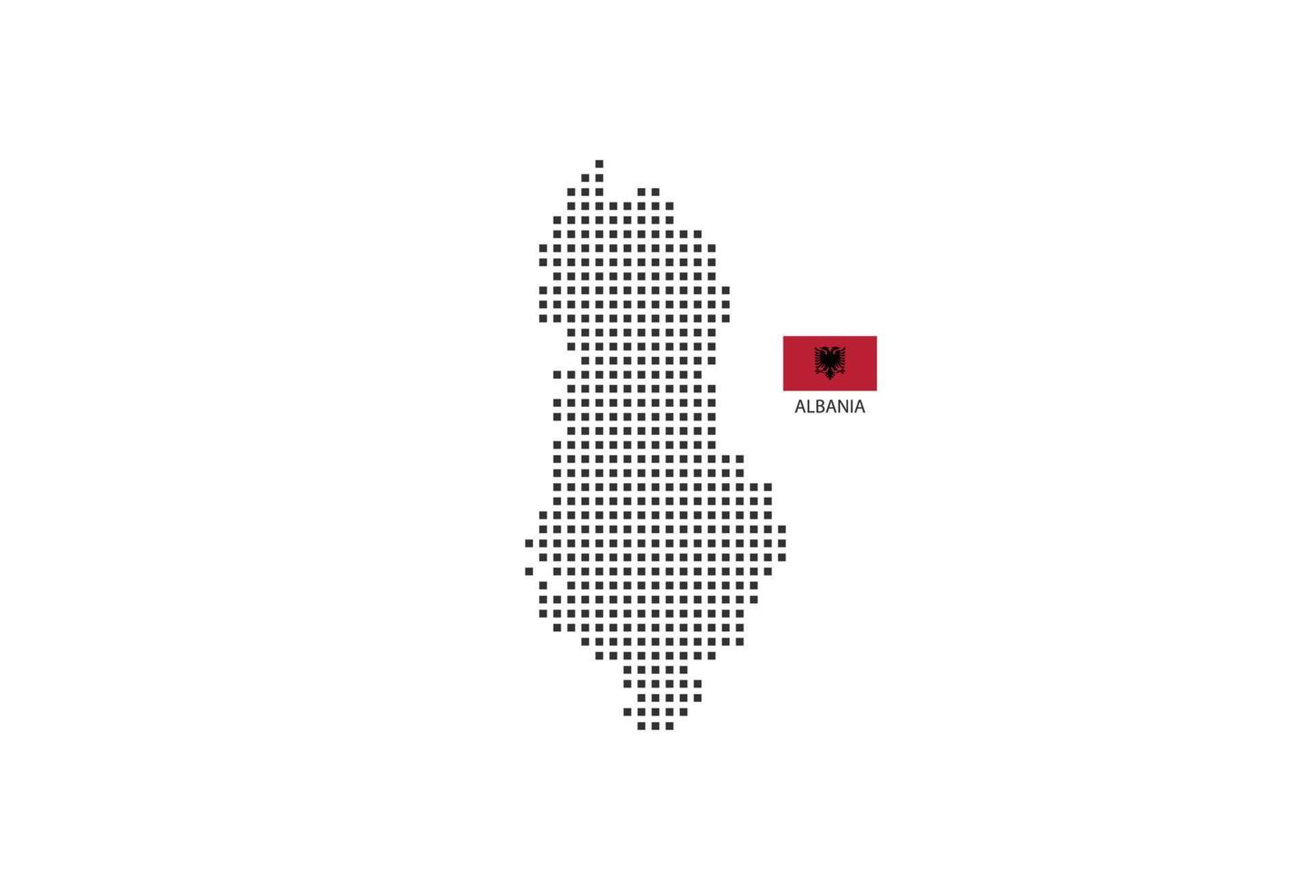 Vector square pixel dotted map of Albania isolated on white background with Albania flag.