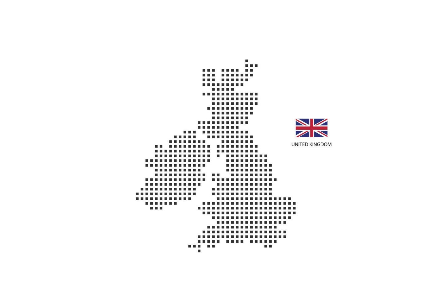 Vector square pixel dotted map of United Kingdom isolated on white background with United Kingdom flag.