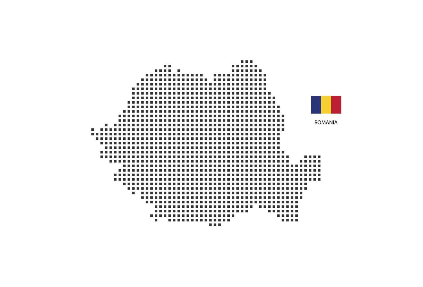 mapa punteado de píxeles cuadrados vectoriales de rumania aislado sobre fondo blanco con bandera de rumania. vector